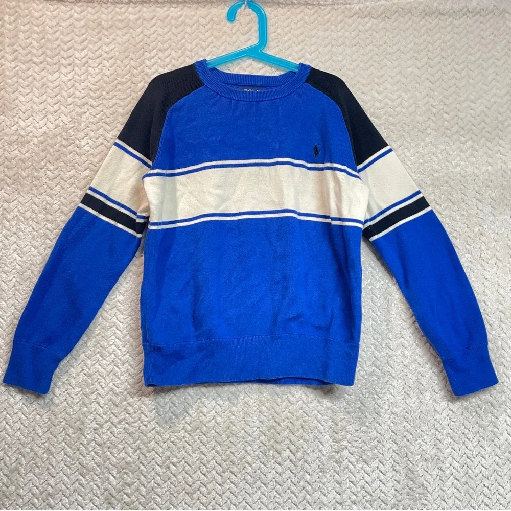 Polo Ralph Lauren Boys Classic Blue Striped Sweater Logo Size M 10-12 Preppy BTS